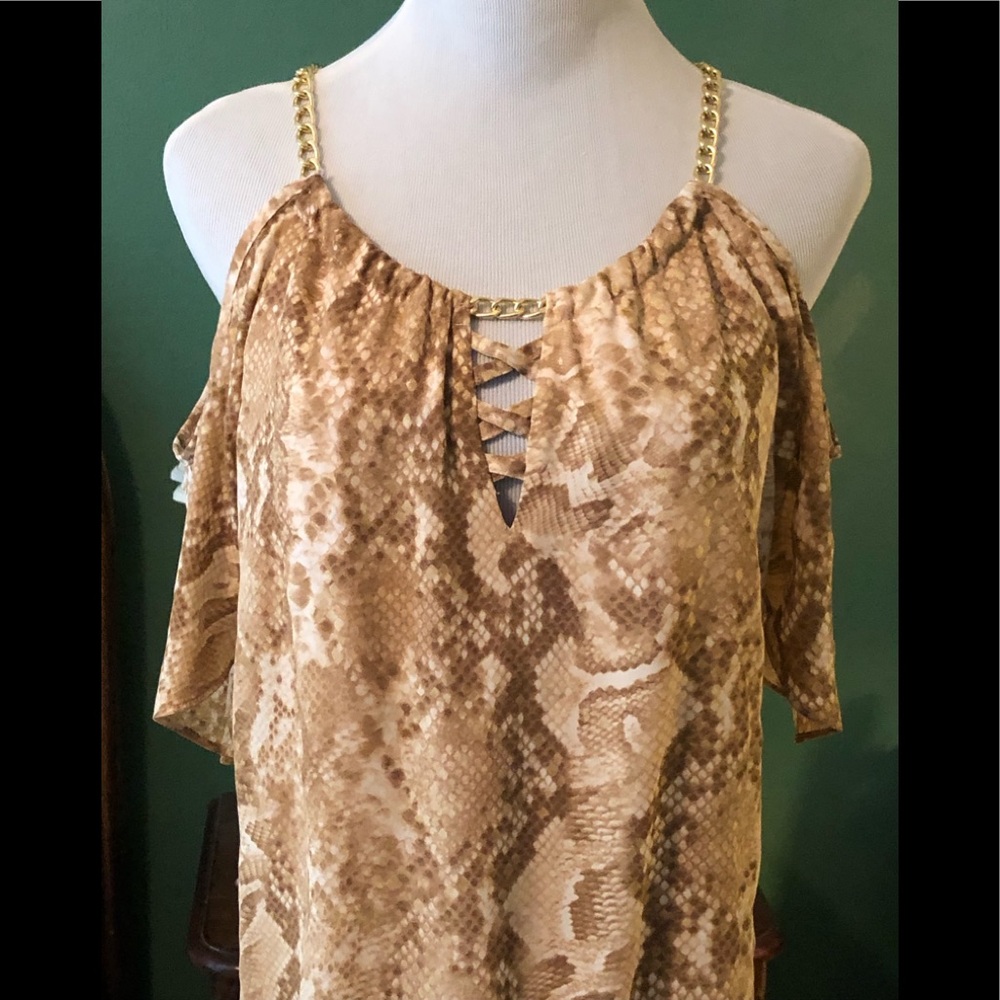 Snake Skin with Gold Flecks Fabric Cold Shoulder Design Blouse